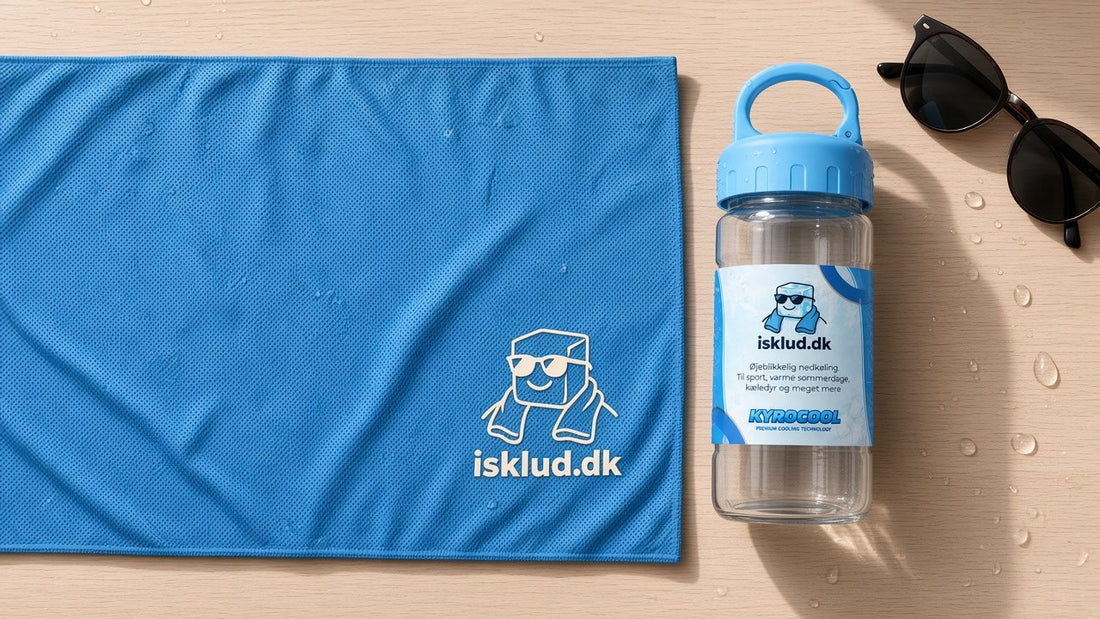 Isklud kølehåndklæde, vandflaske og solbriller på et lyst træbord med vanddråber